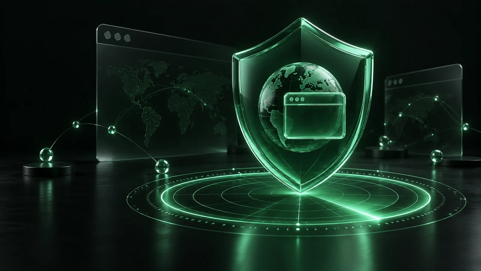 Escudo de vidro verde sobre um radar de análise